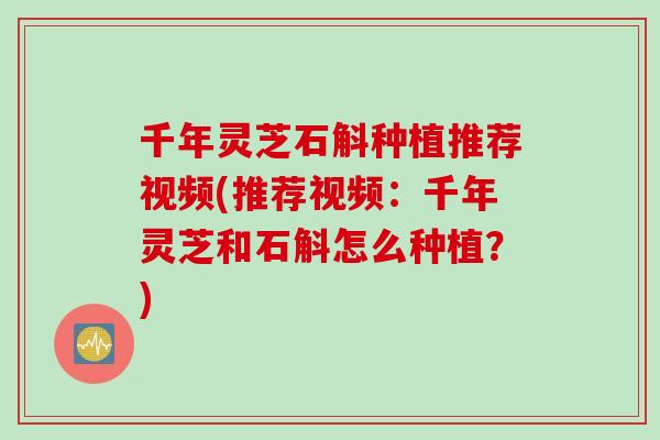 千年灵芝石斛种植推荐视频(推荐视频：千年灵芝和石斛怎么种植？)