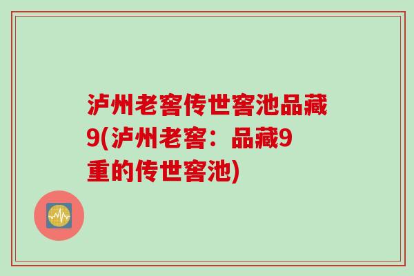 泸州老窖传世窖池品藏9(泸州老窖：品藏9重的传世窖池)