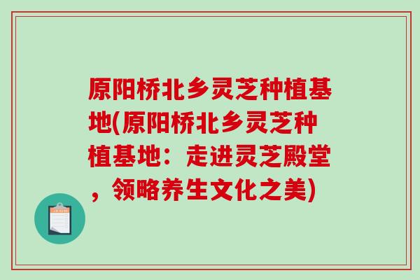原阳桥北乡灵芝种植基地(原阳桥北乡灵芝种植基地：走进灵芝殿堂，领略养生文化之美)